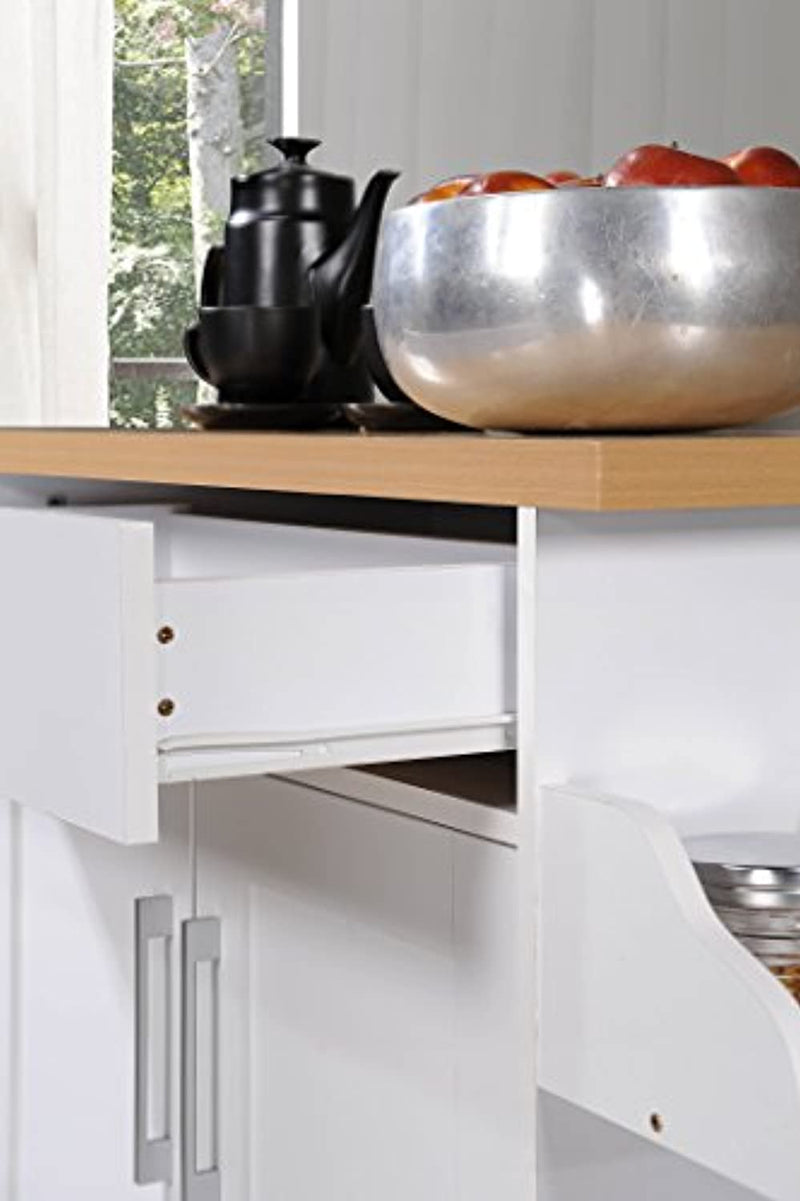 Hodedah Kitchen Island with Spice Rack, Towel Rack & Drawer, White with Beech Top