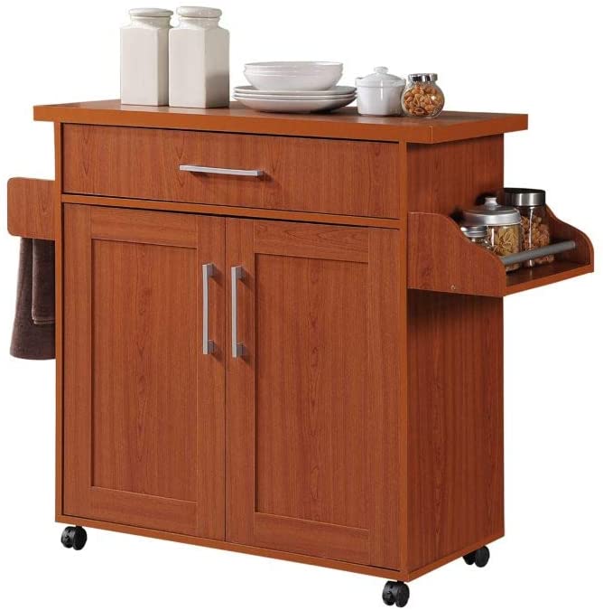 Hodedah Kitchen Island with Spice Rack, Towel Rack & Drawer, White with Beech Top