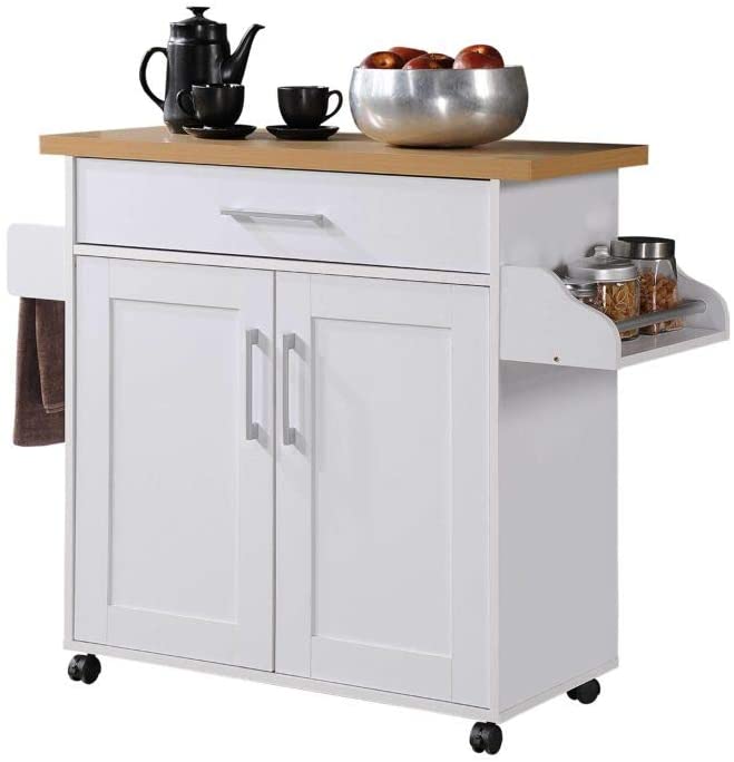 Hodedah Kitchen Island with Spice Rack, Towel Rack & Drawer, White with Beech Top