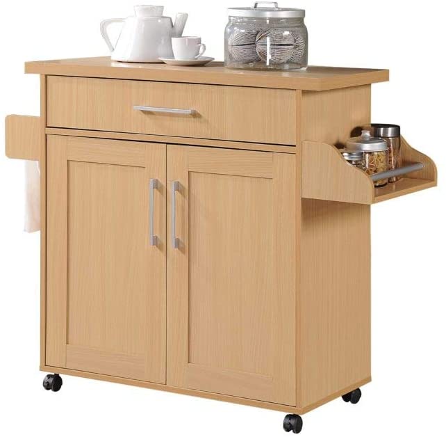 Hodedah Kitchen Island with Spice Rack, Towel Rack & Drawer, White with Beech Top