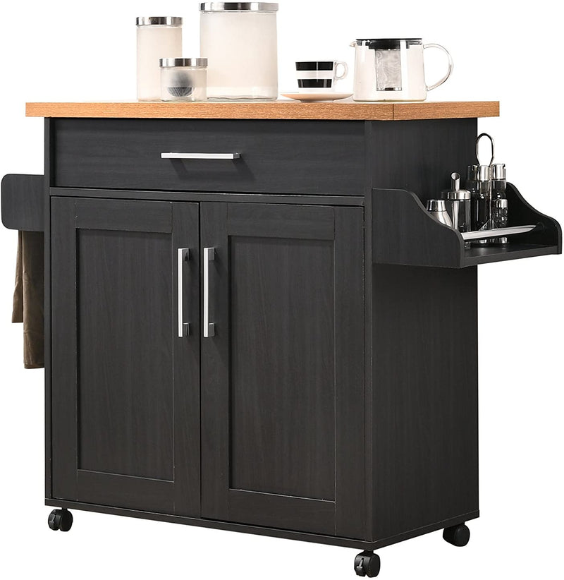 Hodedah Kitchen Island with Spice Rack, Towel Rack & Drawer, White with Beech Top